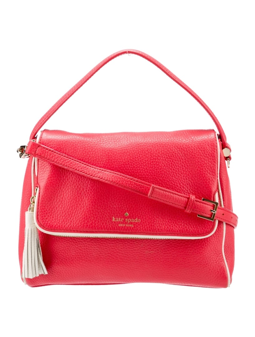 Kate Spade Red Lthr Tassel Flap & Snap Top Hdl Bag: Condition is: very good, pre-owned. Details: red leather, gold-tone hardware, flat handle & single adjustable shoulder strap, tassel accents & single exterior pocket, logo jacquard lining & dual inter