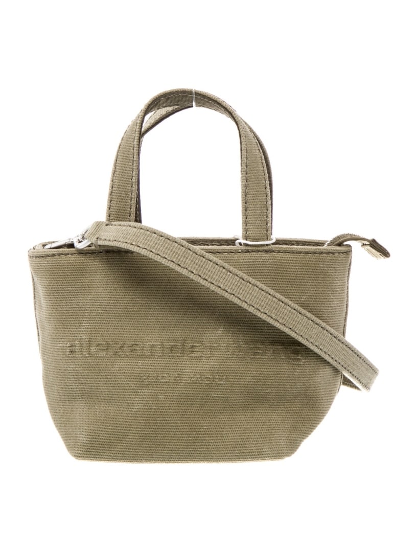 Alexander Wang Green Canvas Zip Cls Top Hdl Bag: Condition is: very good, pre-owned. Details: green canvas, silver-tone hardware, flat handles, twill lining, zip closure at top, shoulder strap drop: 21. 25", handle drop: 3. 25", height: 4. 5", width