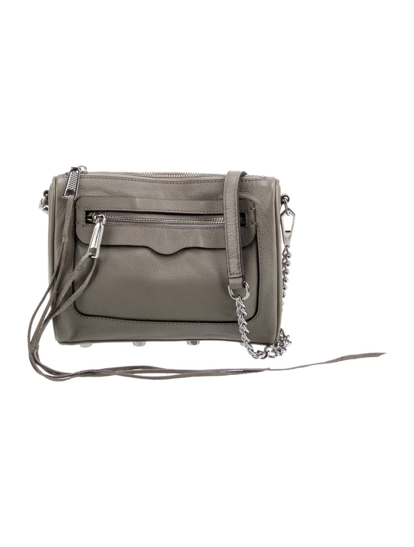 Rebecca Minkoff Grey Leather Zip Crossbody Bag: Condition is: very good, pre-owned. Details: grey leather, silver-tone hardware, twill lining, zip closure at top, height: 6. 5", width: 8. 75", depth: 2", gender: women. Condition: minor residue at i