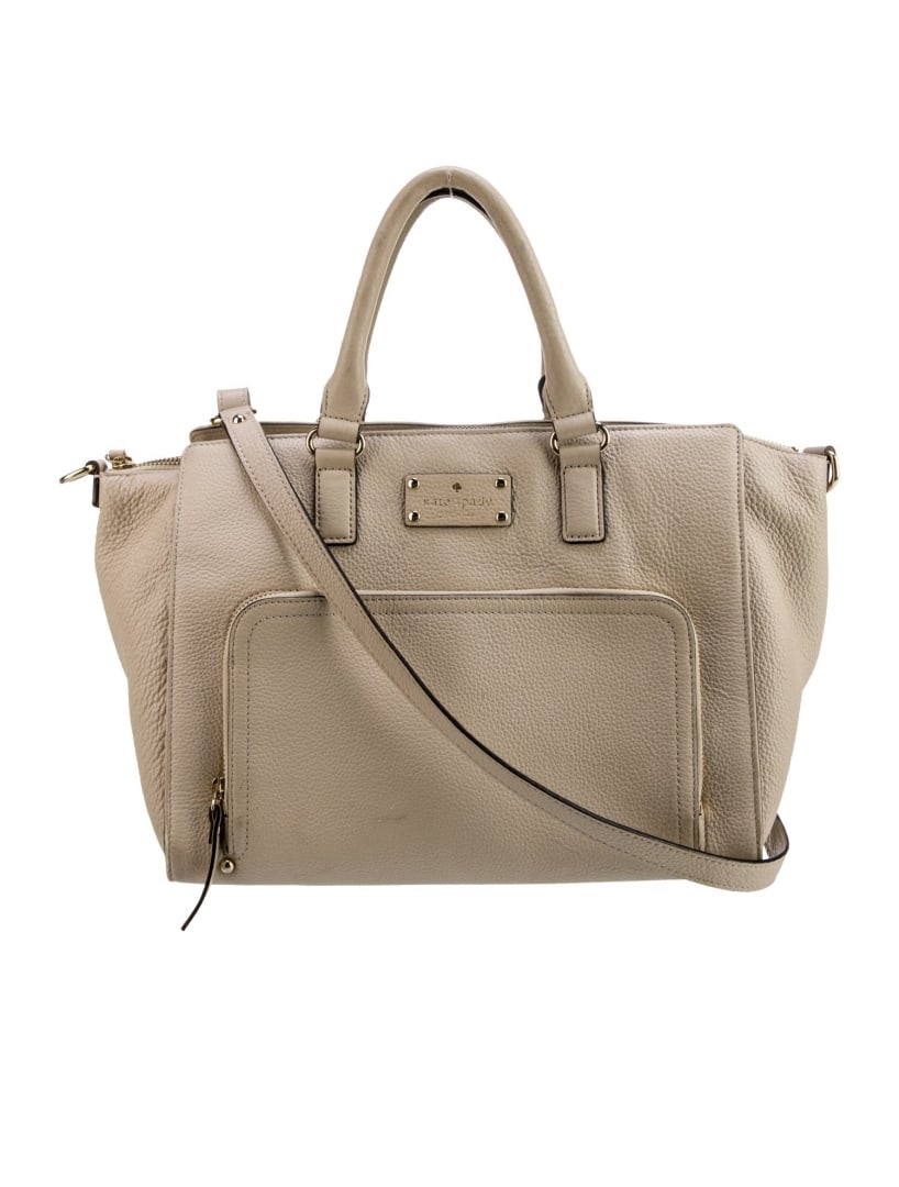 Kate Spade Neutrals Leather Snap Cls Top Hdl Bag: Condition is: good, pre-owned. Details: neutrals leather, gold-tone hardware, rolled handles & single adjustable shoulder strap, dual exterior pockets, logo jacquard lining & three interior pockets, s