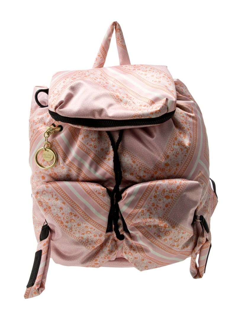See By Chloe Floral Orange & Pink Satin Backpack: Condition is: very good, pre-owned. Details: orange & pink satin, floral print, multitonal hardware, three exterior pockets, twill lining & three interior pockets, snap closure at front & drawstring c
