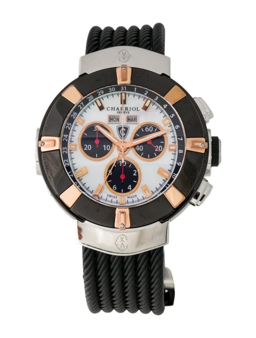 Charriol Celtica Ceramic Ss Mop Dial Men's 44mm: Condition is good, pre-owned. Details: mother of pearl dial, butterfly clasp, fits a wrist size of 7" or smaller, model name: celtica, serial number: 05***, movement: quartz, complications: chronograp