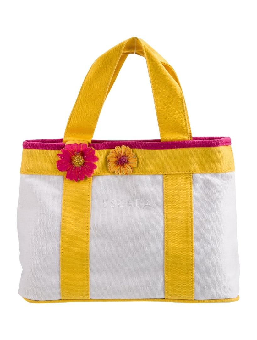 Escada Striped Wht Canvas Embroidered Top Hdl Bag: Condition is: very good, pre-owned. Details: white canvas, striped, silver-tone hardware, flat handles, embroidered & sequin accents, nylon lining & single interior pocket, snap closure at top, handle