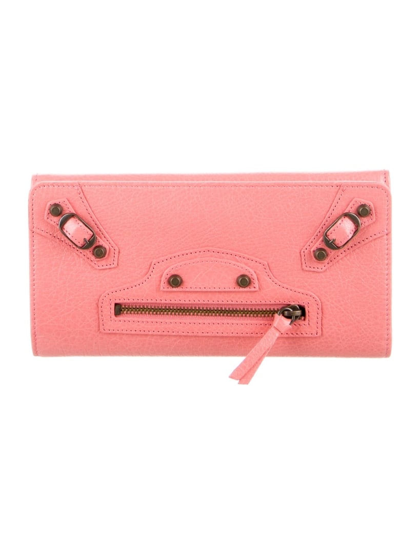 Balenciaga 2014 Pink Leather Studded Snap Wallet: Condition is very good, pre-owned. Details: from the spring/summer 2014 collection by alexander wang, pink leather, brass hardware, studded accents & single exterior pocket, leather lining & single in