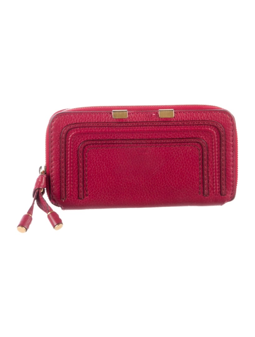Chloe Pink & Red Leather Emb Conti Wallet: Condition is: very good, pre-owned. Details: pink & red leather, signature logo, gold-tone hardware, embroidered & tassel accents, leather lining & three interior pockets with card slots, exposed zip
