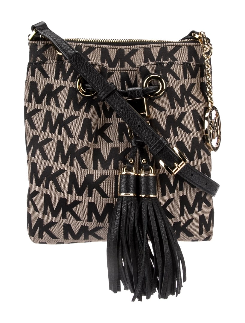 Michael Kors Brown Canvas Tassel Crossbody Bag: Condition is: very good, pre-owned. Details: brown canvas, printed, gold-tone hardware, leather trim, single adjustable shoulder strap, leather & tassel accents, single exterior pocket, logo jacquard