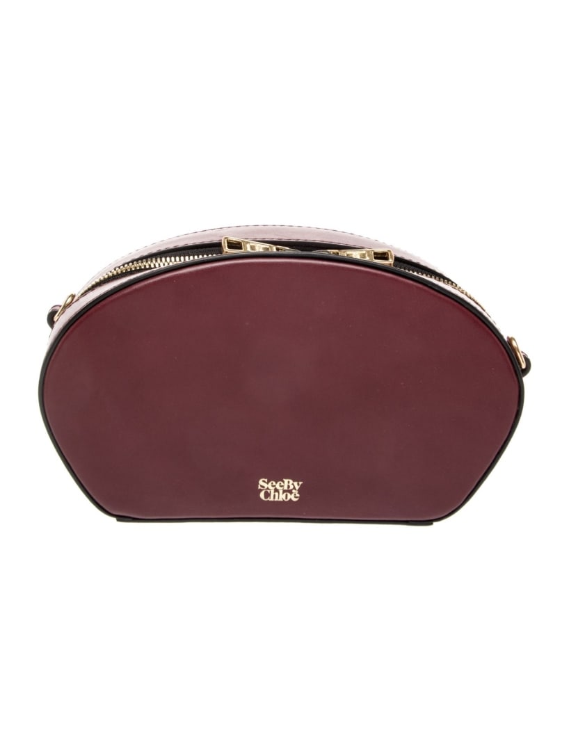 See By Chloe Burgundy Leather Zip Cls Minaudiere: Condition is very good, pre-owned. Details: burgundy leather, gold-tone hardware, canvas lining with card slots, zip closure at top, height: 5", width: 8. 75", depth: 2. 75", gender: women. Condition