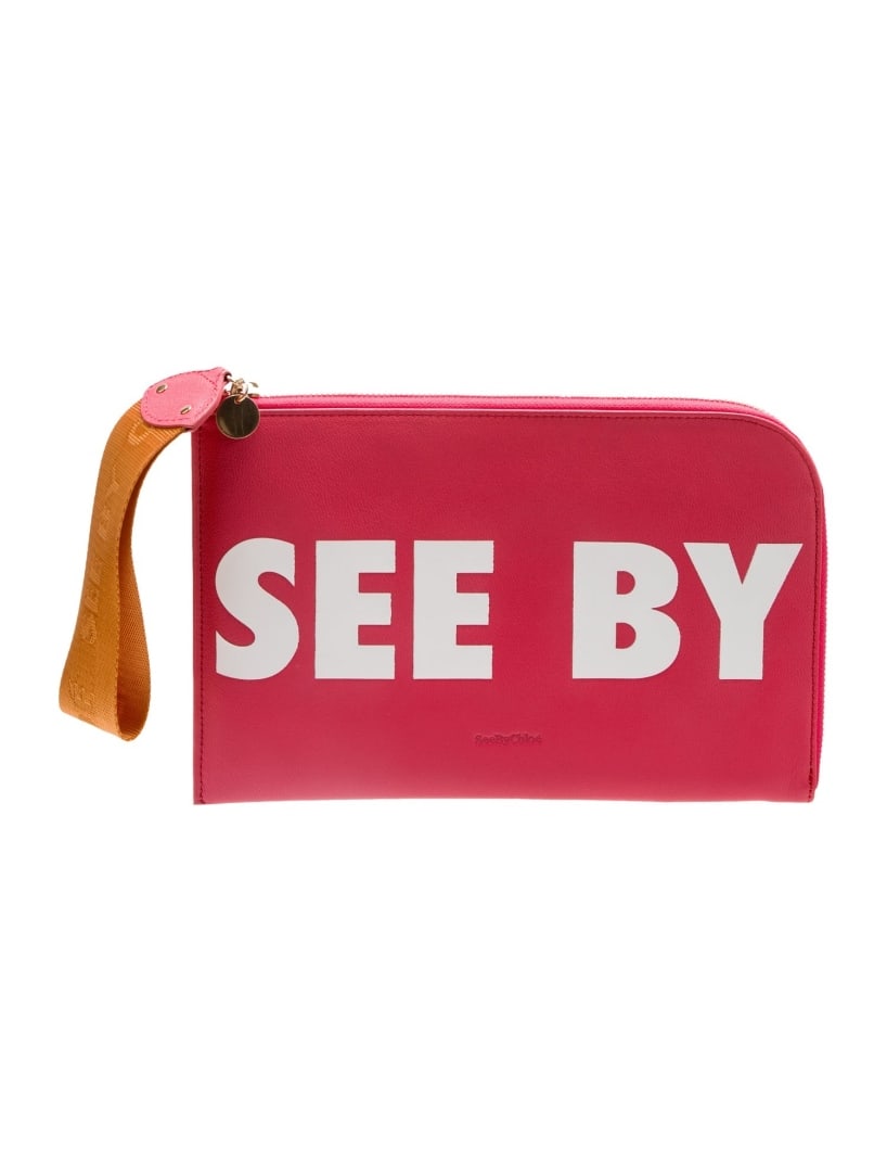 See By Chloe Red Leather Gold-tone Hdw Zip Clutch: Condition is very good, pre-owned. Details: red leather, graphic print, gold-tone hardware, wrist strap, canvas lining & single interior pocket, zip closure at top, includes dust bag, handle drop: 7",