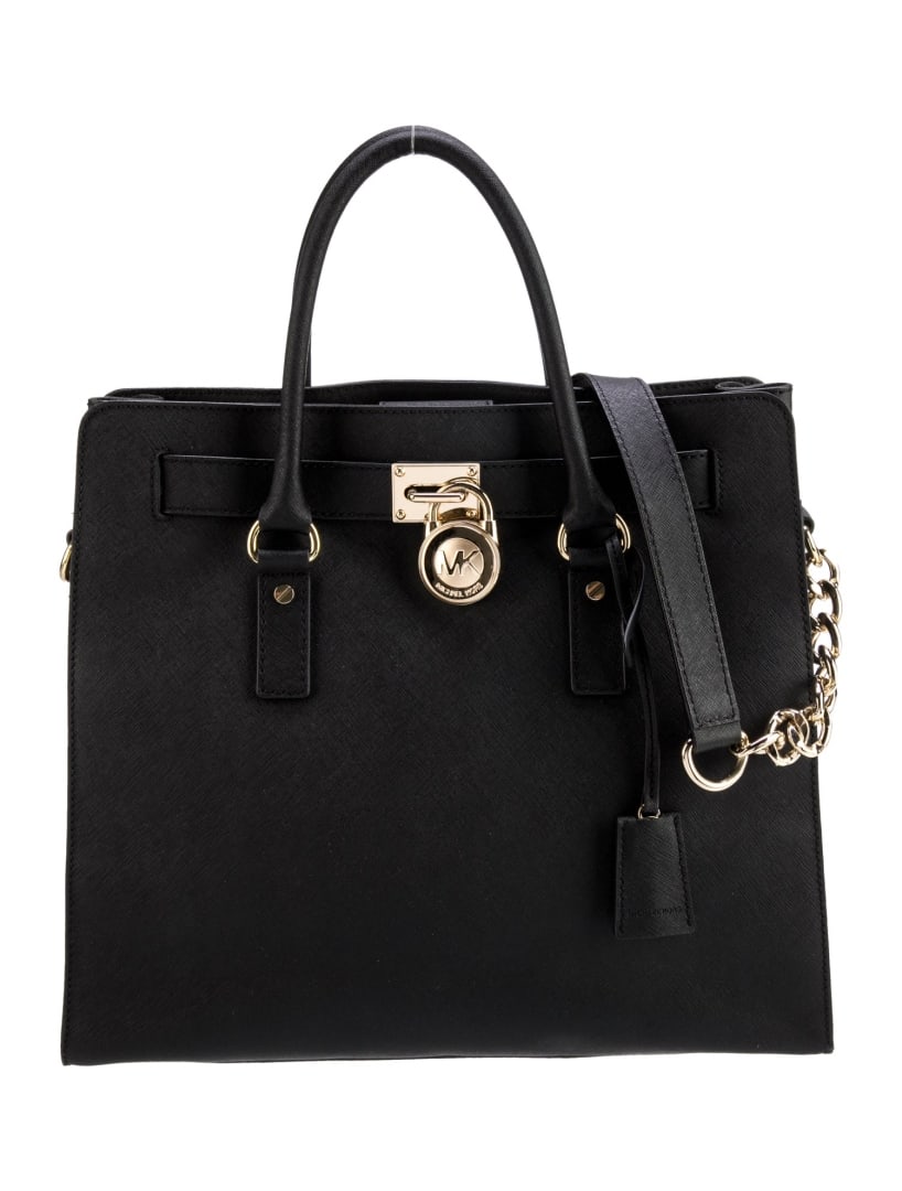 Michael Kors Black Saffiano Chain-link Top Hdl Bag: Condition is: good, pre-owned. Details: black saffiano leather, gold-tone hardware, rolled handles & single shoulder strap, chain-link accents, logo jacquard lining & five interior pockets, snap closu