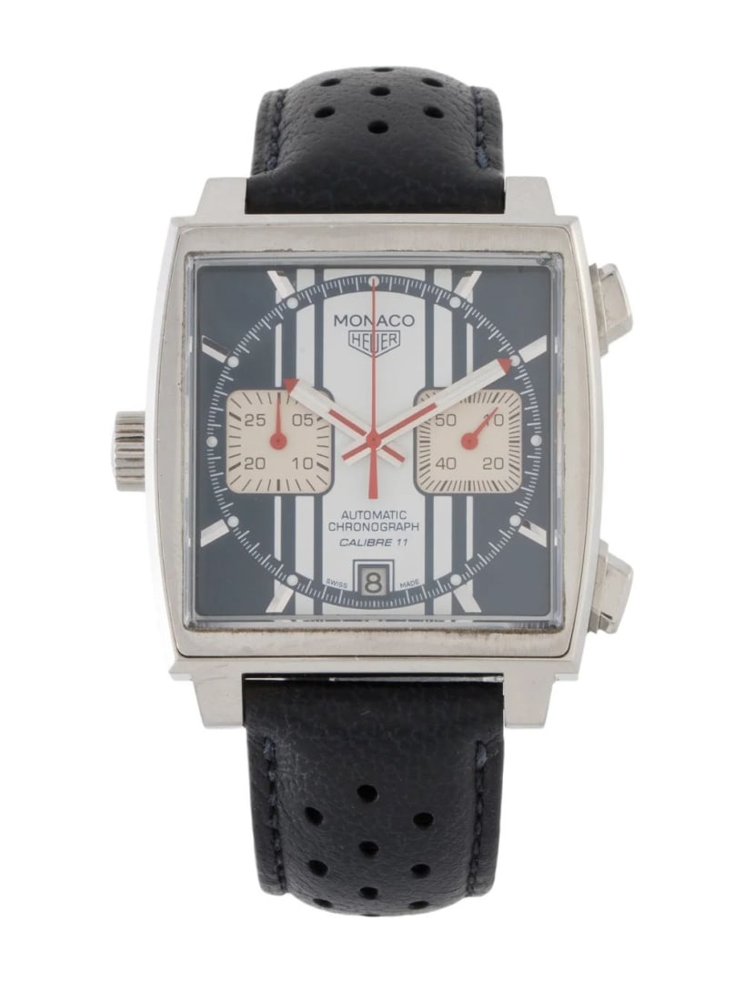 Tag Heuer Monaco Steve Mcqueen Le Men's 39mm: Condition is very good, pre-owned. Details: blue & white dial, deployant clasp, fits a wrist size of 6. 75" or smaller, collection: monaco, model name: mcqueen, serial number: ek*****, movement: autom