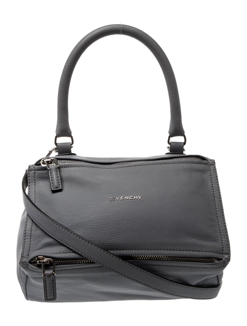 Givenchy Grey Leather Zip Closure Shoulder Bag: Condition is very good, pre-owned. Details: grey leather, silver-tone hardware, rolled handle & single shoulder strap, canvas lining & three interior pockets, zip closures at front & top, shoulder str