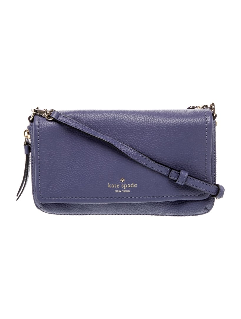 Kate Spade Blue Lthr Gold-tone Hdw Crossbody Bag: Condition is excellent, pre-owned. Details: blue leather, gold-tone hardware, single adjustable shoulder strap, jacquard lining with card slots, flap closure at front, shoulder strap drop: 21", height
