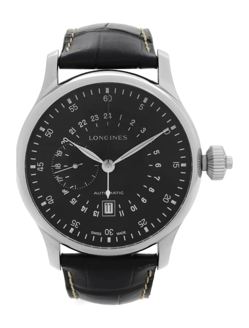 Longines Heritage Avigation Auto Men's 47mm: Condition is very good, pre-owned. Details: black dial, tang buckle, fits a wrist size of 8" or smaller, collection: heritage, model name: heritage avigation, serial number: 1***, movement: automatic,