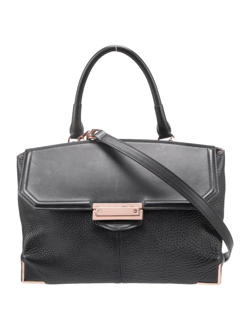 Alexander Wang Blk Leather Rose Flap Top Hdl Bag: Condition is: good, pre-owned. Details: black leather, rose gold-tone hardware, rolled handle & single adjustable shoulder strap, suede lining & single interior pocket, flap closure at front, protecti