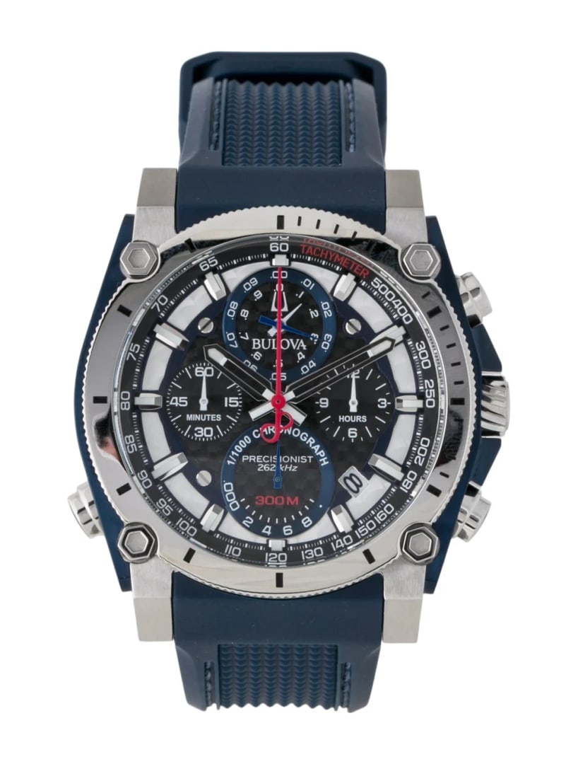 Bulova Icon Multicolor Dial Men's 46mm: Condition is very good, pre-owned. Details: multicolor dial, tang buckle, fits a wrist size of 7. 25" or smaller, collection: icon, serial number: 14*******, movement: quartz, complications: chronogra