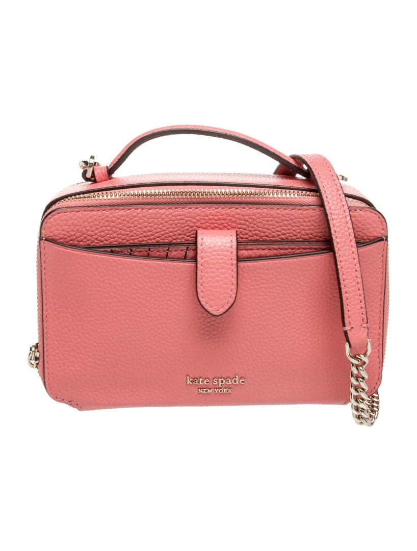 Kate Spade Pink Leather Chain-link Crossbody Bag: Condition is very good, pre-owned. Details: pink leather, gold-tone hardware, flat handle & single adjustable shoulder strap, chain-link accents, grosgrain lining & single interior pocket with card sl