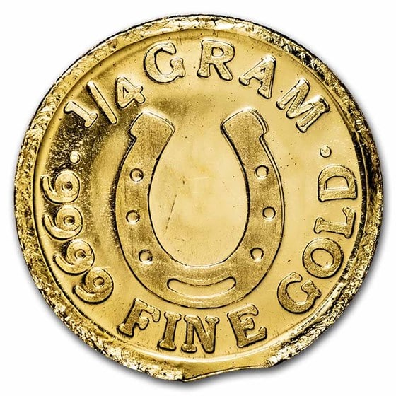 1/4 Gram Gold Round - Horseshoe: This 1/4 gram gold round from monarch precious metals is a great way to acquire a small amount of gold that is . 9999 fine. This round comes in a plastic capsule. Contains 1/4 gram (. 00804 oz) of . 9