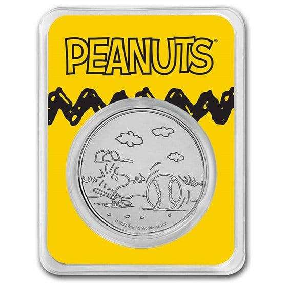 Peanuts Baseball - Woodstock With Bat 1 Oz Silver: Celebrate the start of baseball season with the eighth release of the officially licensed and limited mintage peanuts precious metal series. In this release, it's woodstock with a bat in licensed tamp
