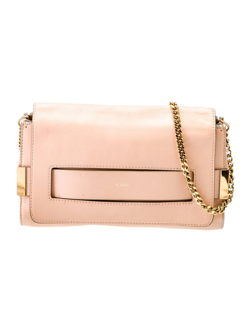 Chloe Pink Leather Gold-tone Hdw Crossbody Bag: Condition is good, pre-owned. Details: pink leather, gold-tone hardware, chain-link shoulder strap, chain-link accents, leather lining & single interior pocket, flap & snap closures at front, includes
