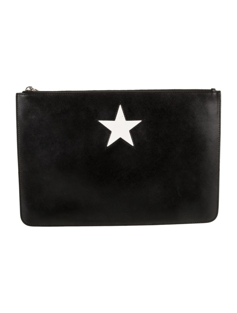 Givenchy Blk Leather Silver-tone Hdw Zip Portfolio: Condition is: very good, pre-owned. Details: black leather, graphic print, silver-tone hardware, canvas lining, zip closure at top, height: 7. 5", width: 11. 5", depth: 0. 25", gender: women. Conditio