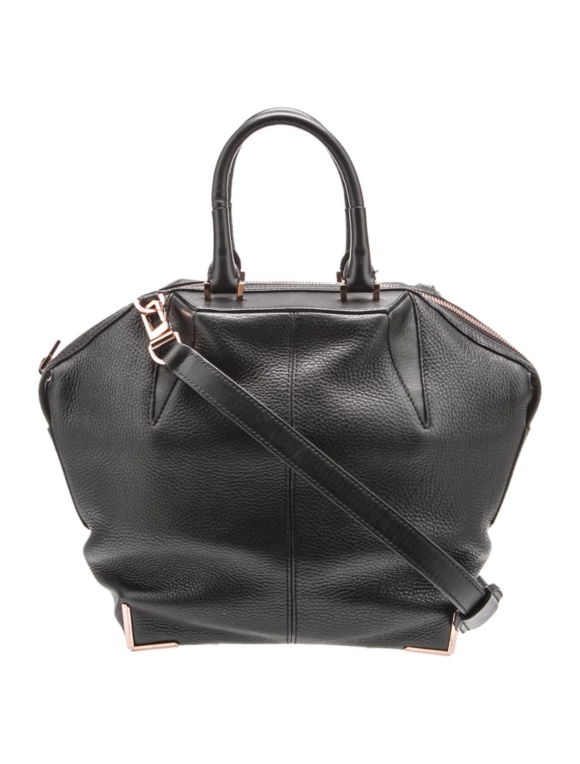 Alexander Wang Black Leather Rose Zip Top Hdl Bag: Condition is: very good, pre-owned. Details: black leather, rose gold-tone hardware, rolled handles & single adjustable shoulder strap, nylon lining & three interior pockets, zip closure at top, prote