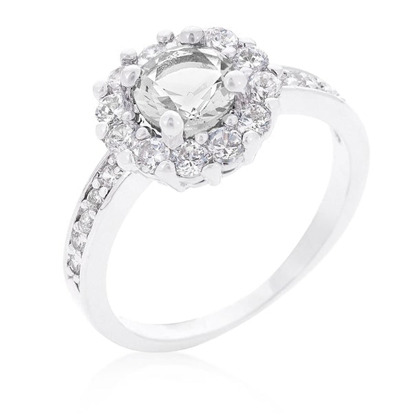 Opulent .88ct White Sapphire Halo Ring: Size 9. Enhance your look with this elegant piece, featuring a band width of 2 mm for a refined touch. Crafted from lead-free alloy (brass), it not only offers style but also an eco-friendly choice. T