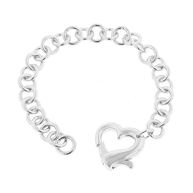 Minimalist Heart Bracelet: Length: 7". This contemporary heart bracelet features a spring-loaded heart charm. Crafted from lead-free alloy (brass) and plated with rhodium, it combines floral and fashion elements in a modern des