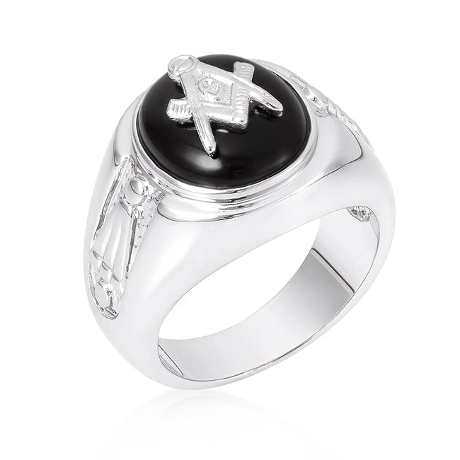 Oval 6.05ct Black Onyx Masonic Men's Ring: Size 9. Features a striking 13mm x 11mm oval black onyx stone, carefully set in a rhodium-plated brass band with a sleek width of 5. 6mm. The stylish design showcases a masonic symbol set into the bla
