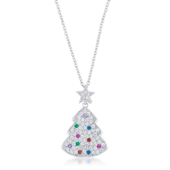Round .70ct Multi-gemstone Christmas Tree Necklace: Length 18" + 2" ext. Features a beautifully crafted christmas tree design that is adorned with white, red, blue, green, and purple, and pink topaz stones. These colored topaz stones create a vibrant a