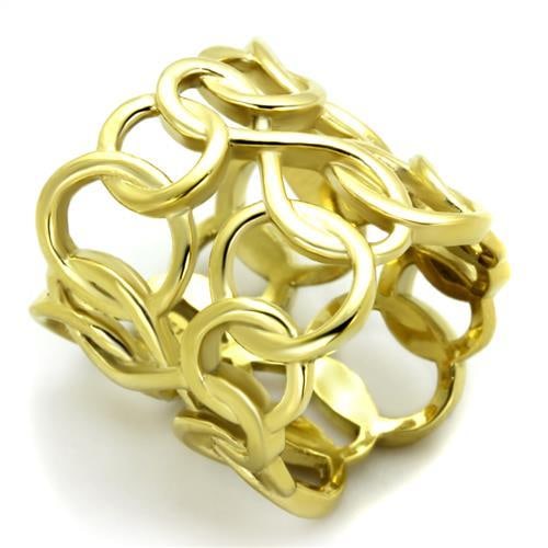Enchanting Gold-pl. Open-work Ring: Ring size: 5. Made with stainless steel, plated with gold ip. This ring showcases a distinctive cage design composed of linked circles and infinity symbols, forming a captivating and intricate pattern