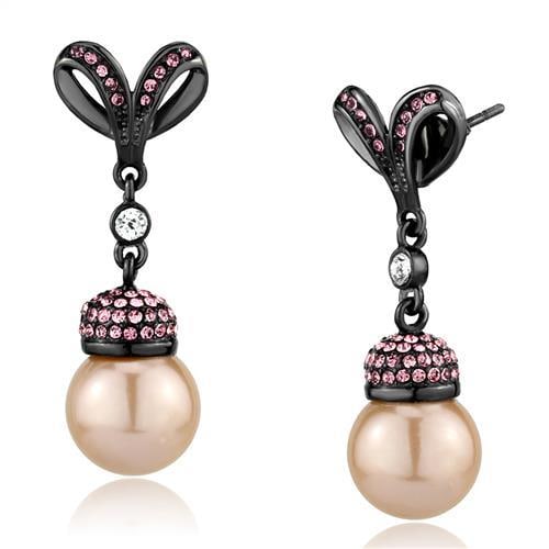 Chic .20ct Rose Topaz & 10mm Pearl Dangle Earrings: Made with stainless steel with a gunmetal (dark grey) ion plating finish. Very elegant looking set of pearl earrings. Believed to be synthetic pearl. Weight (approx): 6. 28 (g). Center stone size: 10