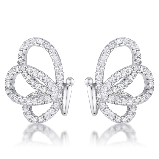 Unique .45ct White Topaz Butterfly Stud Earrings: Feature a delicate butterfly design, each adorned with sparkling white topaz stones in a round cut. The stones have a total carat weight of 0. 45ct and measure 1mm in size. The rhodium plated brass ad