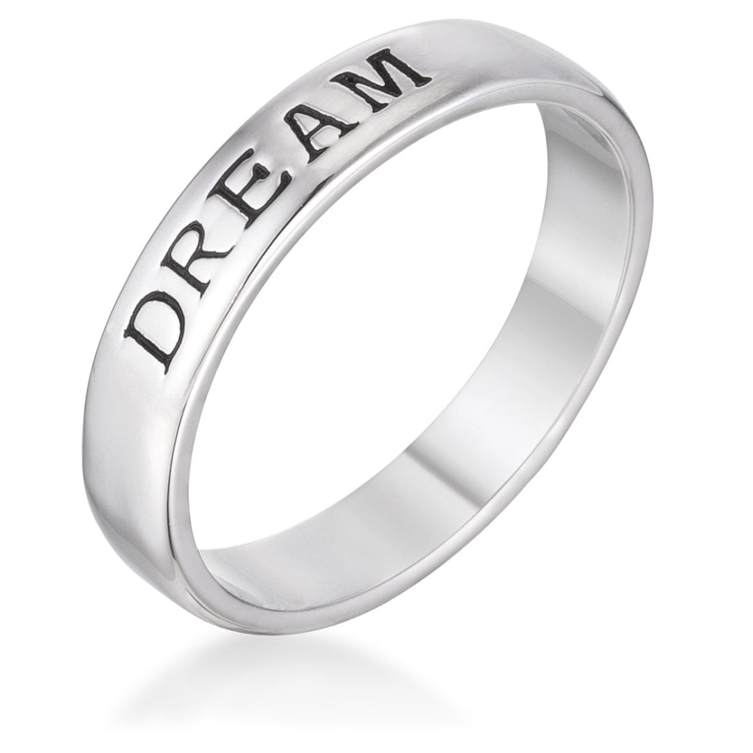 Minimalist Classic "dream" Band: Size: 9. This stackable ring features an engraved "dream" band with a 4 mm width. Made from lead-free alloy (brass) and plated with rhodium, it measures 20 mm in length, 4 mm in width, and 1 mm in hei