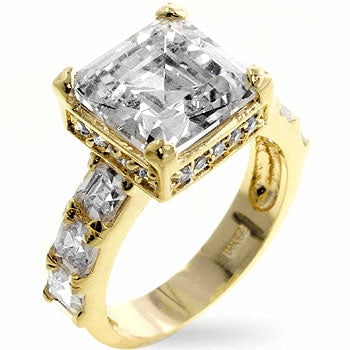 18k Gold-pl. 7.50ct White Sapphire Cocktail Ring: Size 9. This ring is plated with stunning 18k gold and has a band that's 3. 6mm wide. It's made from safe and durable lead-free brass. The centerpiece is a dazzling asscher-cut white sapphire gemstone