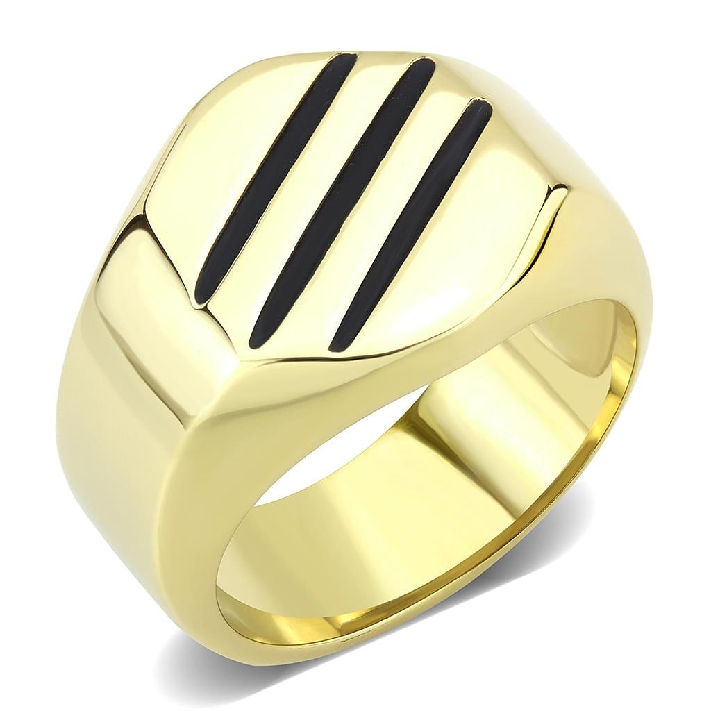 Elegant Three-line Gold-pl. Signet Ring: Ring size: 9. Made with stainless steel in gold ip finish. This sleek signet ring features three black line accents that add a modern and edgy touch to the design. Each line creates a striking visual
