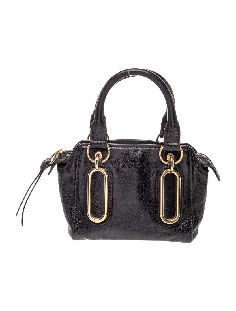 See By Chloe Black Leather Zip Cls Shldr Bag: Condition is good, pre-owned. Details: black leather, gold-tone hardware, rolled handles, twill lining & single interior pocket, zip closure at top, handle drop: 3. 75", height: 5. 75", width: 8. 5",