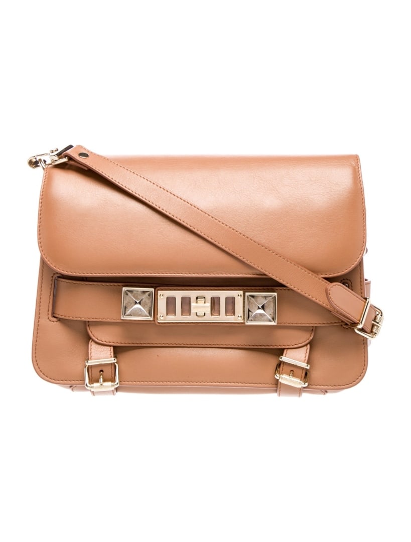 Proenza Schouler Brown Turn-lock Crossbody Bag: Condition is very good, pre-owned. Details: brown leather, gold-tone hardware, single adjustable shoulder strap, logo jacquard lining & single interior pocket, turn-lock & snap closures at front, incl