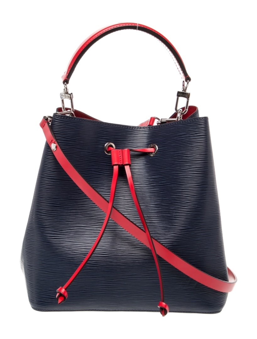 Louis Vuitton Neonoe Mm Cyan Epi Lthr Bucket Bag: Condition is very good, pre-owned. Details: from the 2019 collection, cyan epi leather, printed, silver-tone hardware, flat handle, alcantara lining & single interior pocket, drawstring closure at top