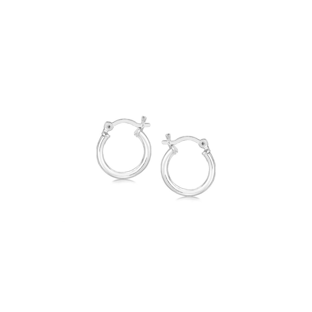 Sterling Silver Polished Small Hoop Earrings 10mm: The 2 millimeters width highlights the divine style of these polished hoop earrings. Designed in rhodium plated sterling silver and comes with snapbacks. Earring information: diameter: 10. 00 mm, appr