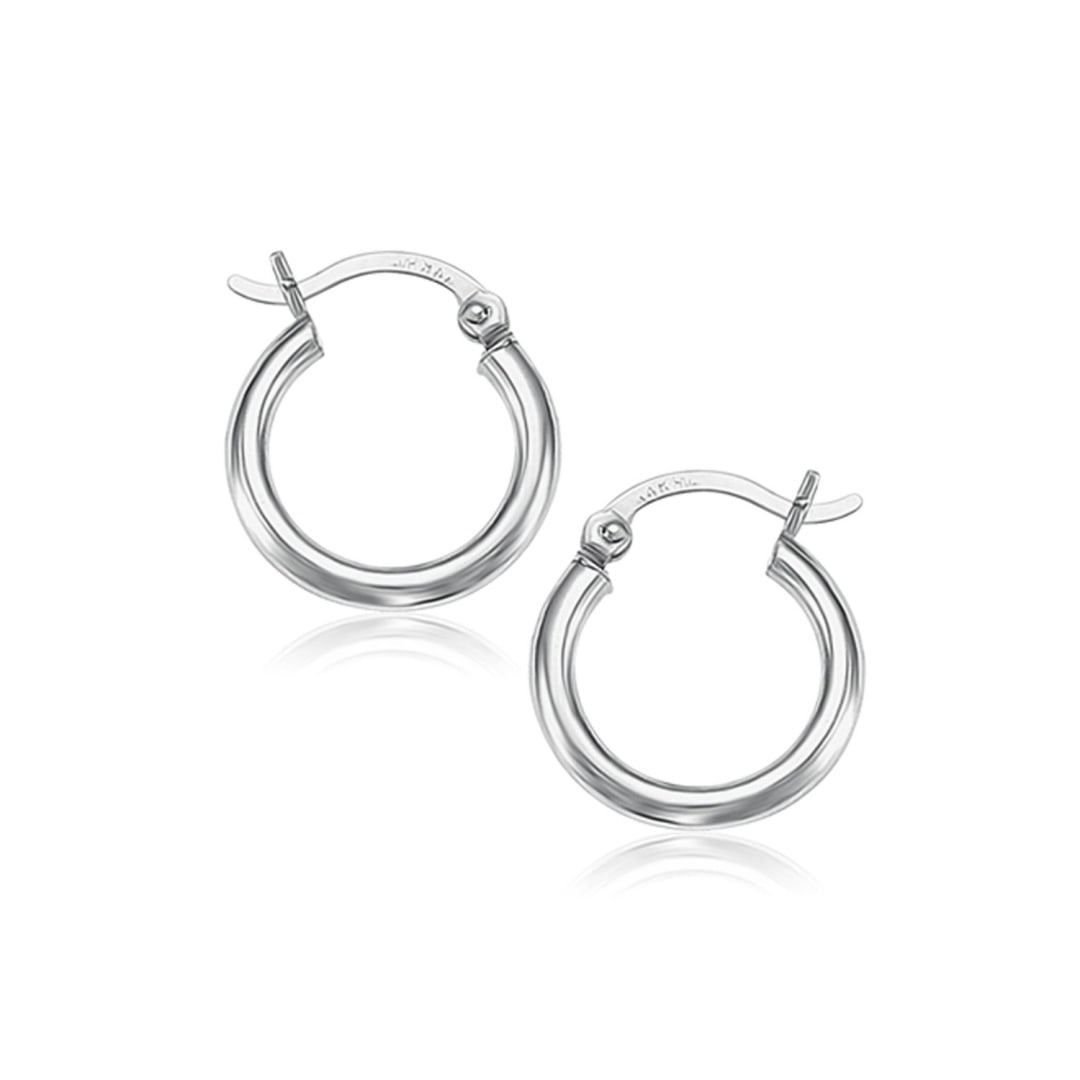 10k White Gold Polished Hoop Earrings 15mm: These timeless hoop earrings crafted in 10k white gold and measure 15 millimeters in diameter, featuring a snap lock backing. Earring information: width: 0. 08 inches, approximate weight: 0. 9 gram(s)