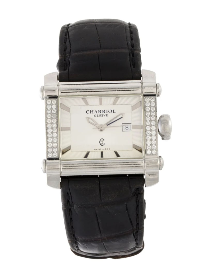 Charriol Actor Silver Dial Qtz Women's 36mm: Condition is good, pre-owned. Details: silver dial, butterfly clasp, fits a wrist size of 6. 25" or smaller, collection: actor, serial number: 00***, movement: quartz, complications: date, case shape: