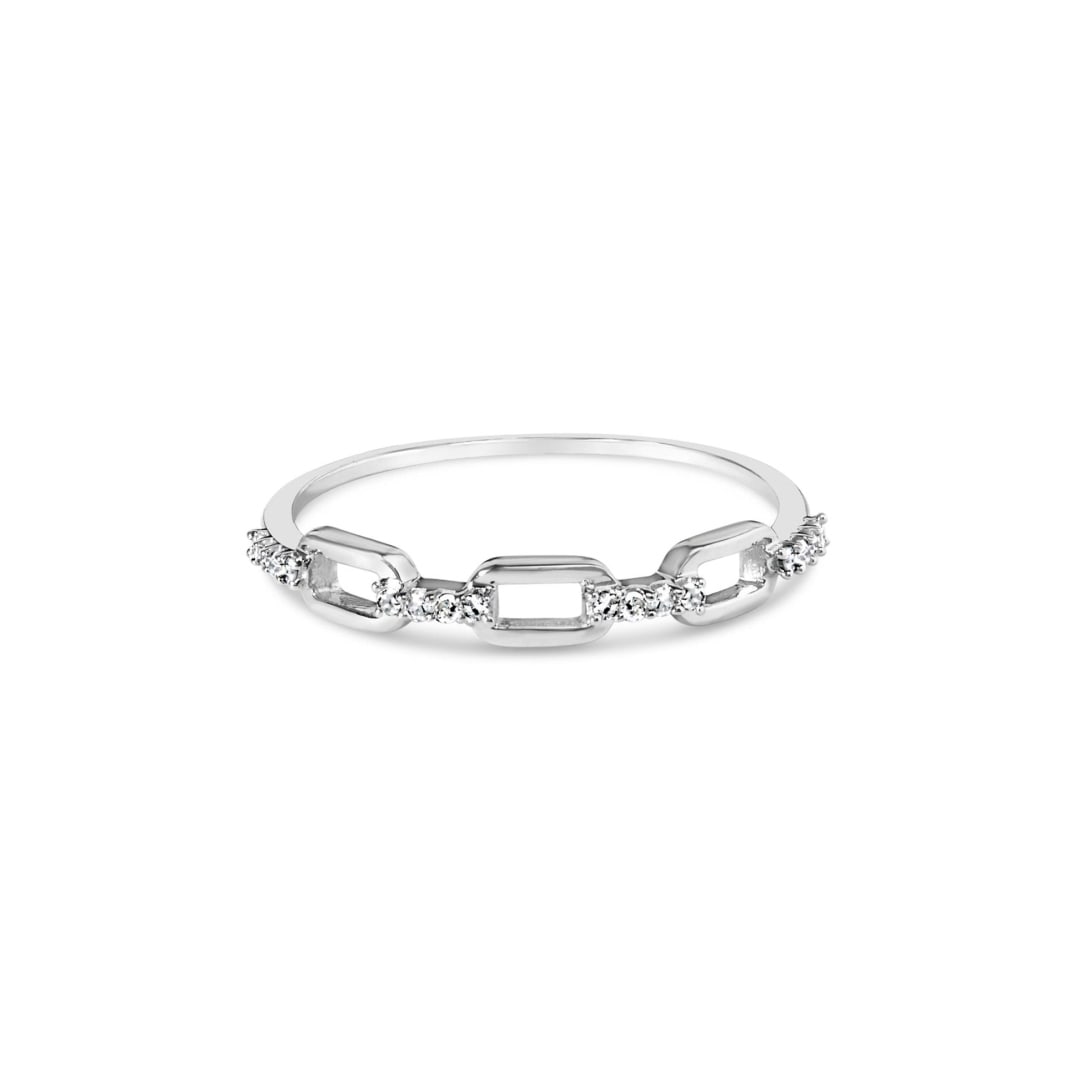 Glistening .08ct Diamond Chain Style Ring: Size: 6. Crafted from . 925 sterling silver, this ring showcases an inventive chain motif that exudes sophistication. Embellished with 16 radiant, round natural diamonds, each exhibiting i-j color and