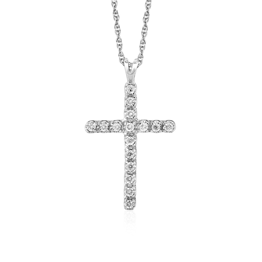 Round .04ct Diamond Cross Pendant Necklace: Size: 18. The shine of sterling silver and the sparkle of diamonds combine in this simple, beautiful cross pendant. The pendant is 18 inches long and closes with a lobster clasp. Pendant information: 
