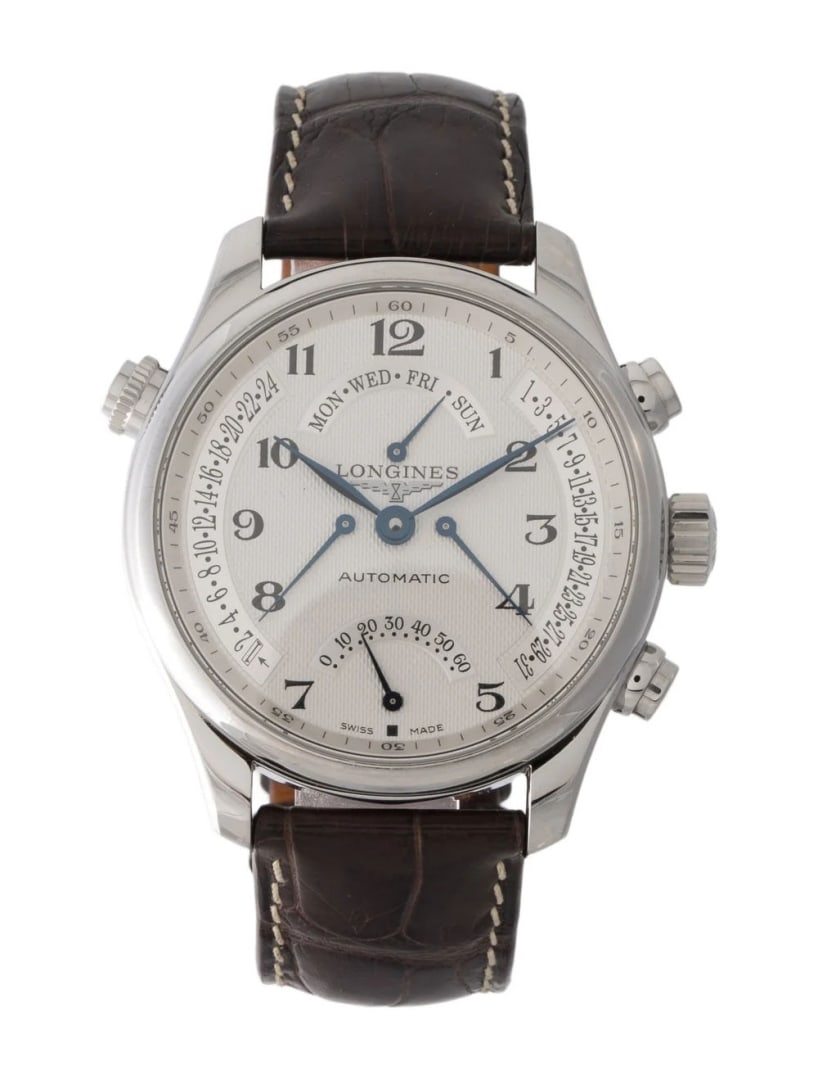 Longines Master Retrograde Power Rsv. Men's 44mm: Condition is good, pre-owned. Details: white dial, butterfly clasp, fits a wrist size of 7" or smaller, collection: master collection, model name: retrograde power reserve, serial number: 33******, mo