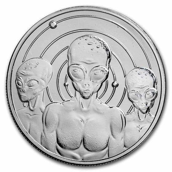1 Oz Silver Round - Ufo: This round is the ideal union of quality and unique design, and is a great way to add to your silver holdings or collection! Contains 1 oz of . 999 fine silver. Eligible for precious metals iras. Obve