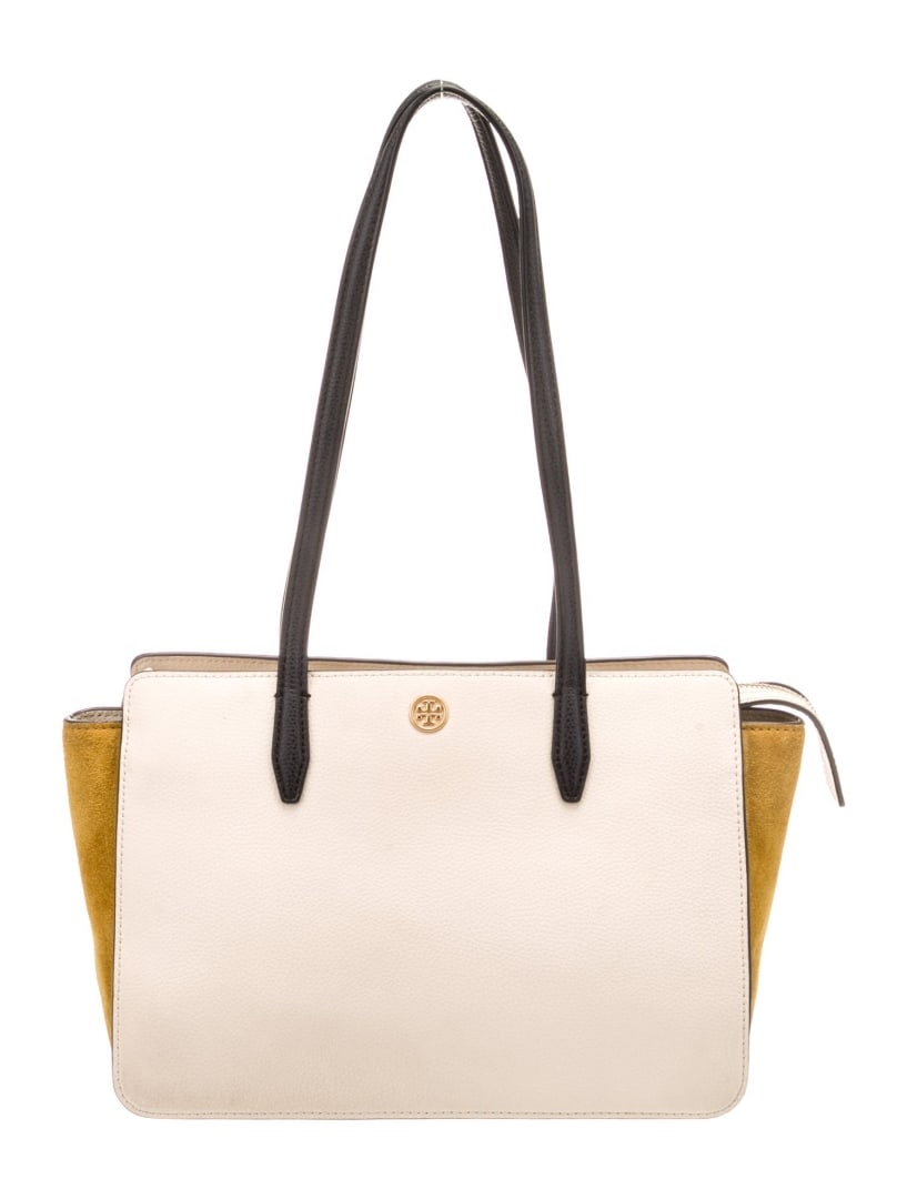 Tory Burch Neut Leather Gold-tone Hdw Shldr Bag: Condition is very good, pre-owned. Details: neutrals leather, color block pattern, gold-tone hardware, flat handles & dual shoulder straps, canvas lining & five interior pockets, zip closure at top, p