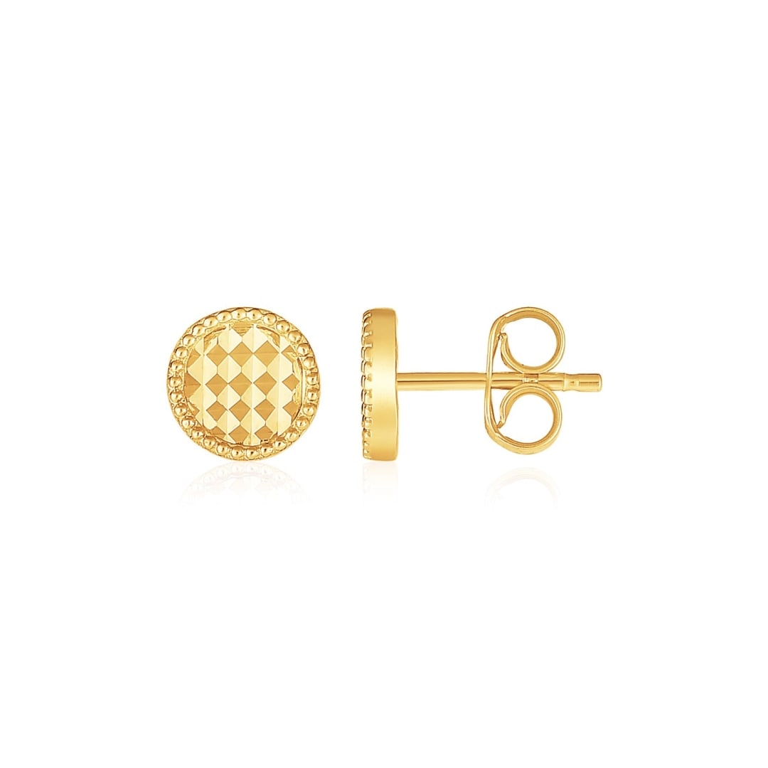 14k Gold Textured Circle Post Earrings: Modern texture adds contrast and subtle sparkle to timeless and simple 14k gold round post earrings. Post earrings are held in place by pushback clasps. Earring information: length: 0. 25 inches, widt