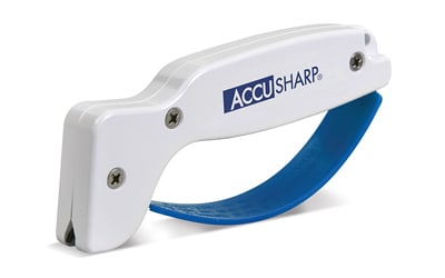 Accusharp White Tungsten Carbide Blade Sharpener: Key features: diamond-honed tungsten carbide sharpening blades for fast and effective sharpening; sharpens knives, cleavers, axes, machetes, and more in about 10 seconds; ergonomic handle fits either