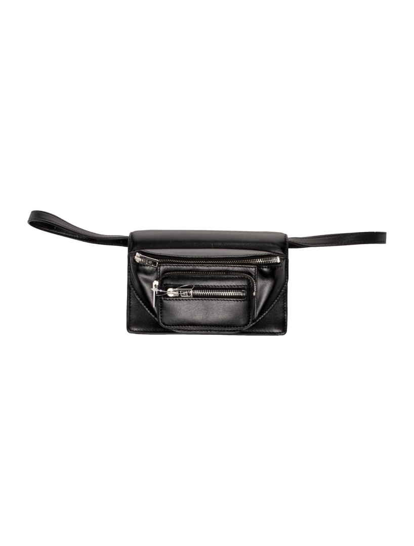 Alexander Wang Blk Leather Zip & Flap Shldr Bag: Condition is good, pre-owned. Details: black leather, silver-tone hardware, single adjustable shoulder strap, logo jacquard lining & dual interior pockets with card slots, zip closure at top & flap cl