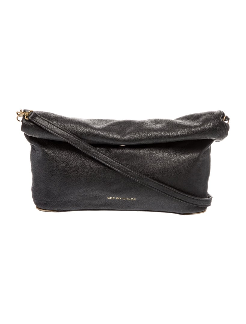 See By Chloe Blk Leather Fold-in Crossbody Bag: Condition is good, pre-owned. Details: black leather, gold-tone hardware, single adjustable shoulder strap, canvas lining & single interior pocket, fold-in flap closure at top, protective feet at base